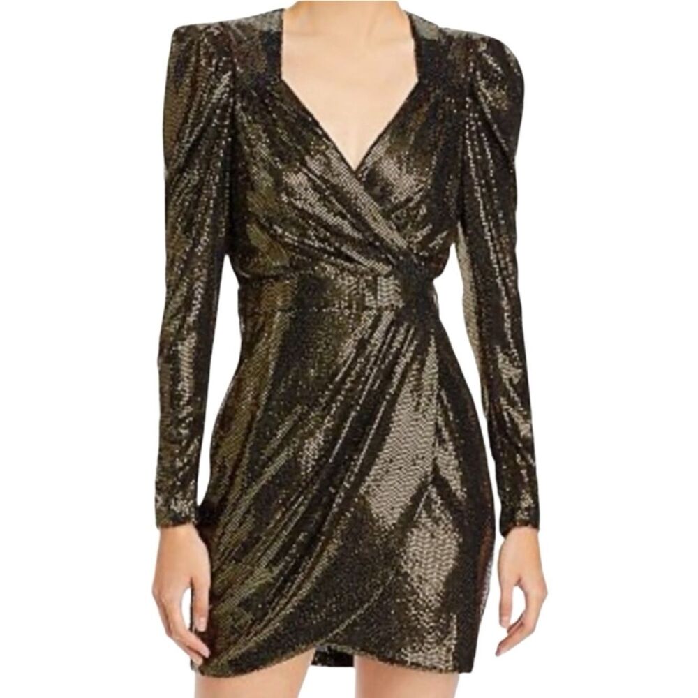 AQUA Sequin Puff Sleeve Mini Dress Gold Metallic Size Medium